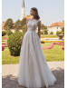 One Shoulder Ivory Leaf Lace Tulle Wedding Dress